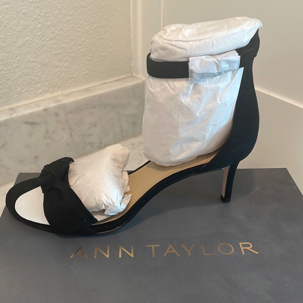 New Ann Taylor Black Suede Heels with Ankle Strap & Bow